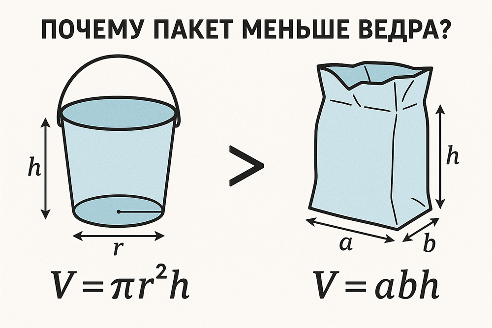 Схема почему пакет меньше ведра расчет объема